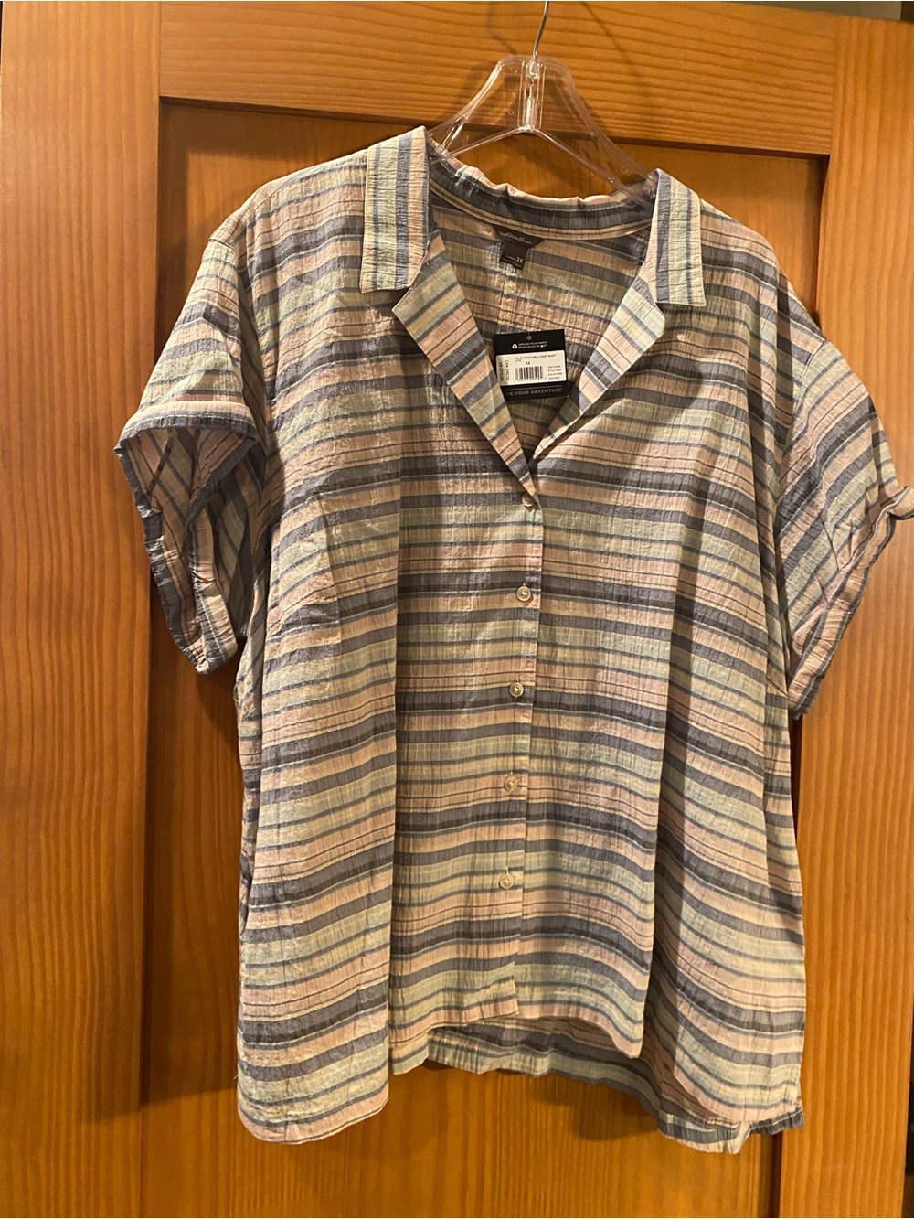 Eddie Bauer Women’s Plaid Pastel Blue and Green Packable Camp Shirt NWT Size 3XL